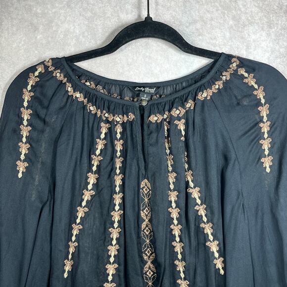 Lucky Brand Top Womens Small Black Gold‎ Embroidered Long Sleeve Sheer Boho - Picture 2 of 9